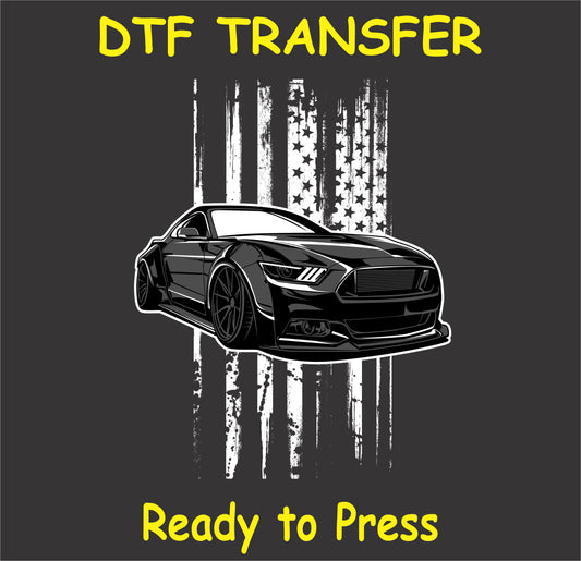 "DTF Transfer featuring a black car with a distressed flag background"