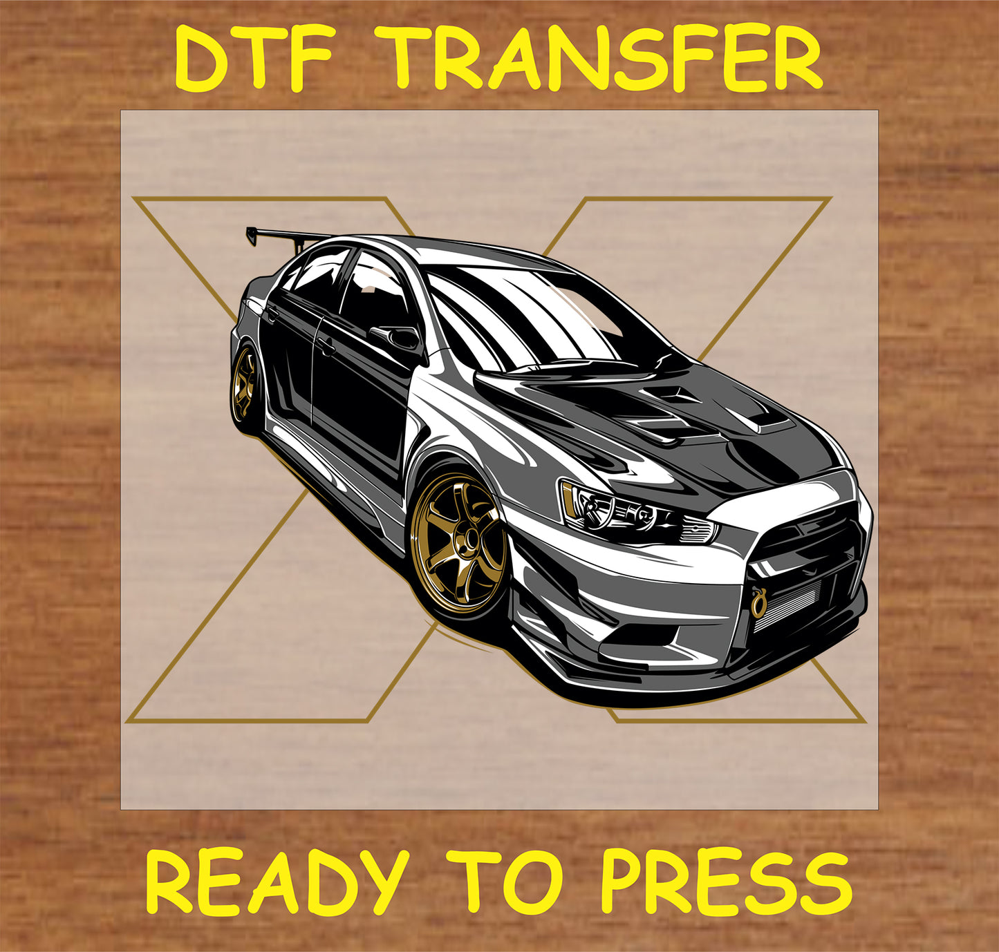 "DTF transfer design featuring a sleek car ready to press"