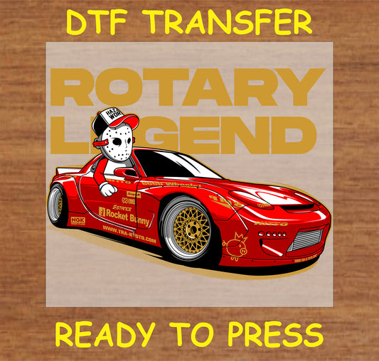 "DTF transfer design featuring a red rotary car and character ready for application"