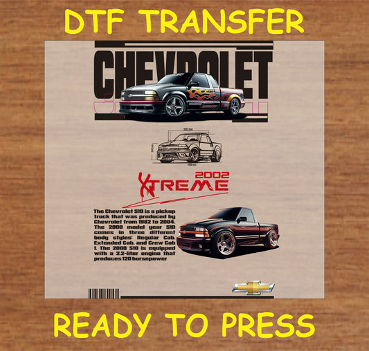 "DTF transfer showcasing a classic pickup truck design ready for application"