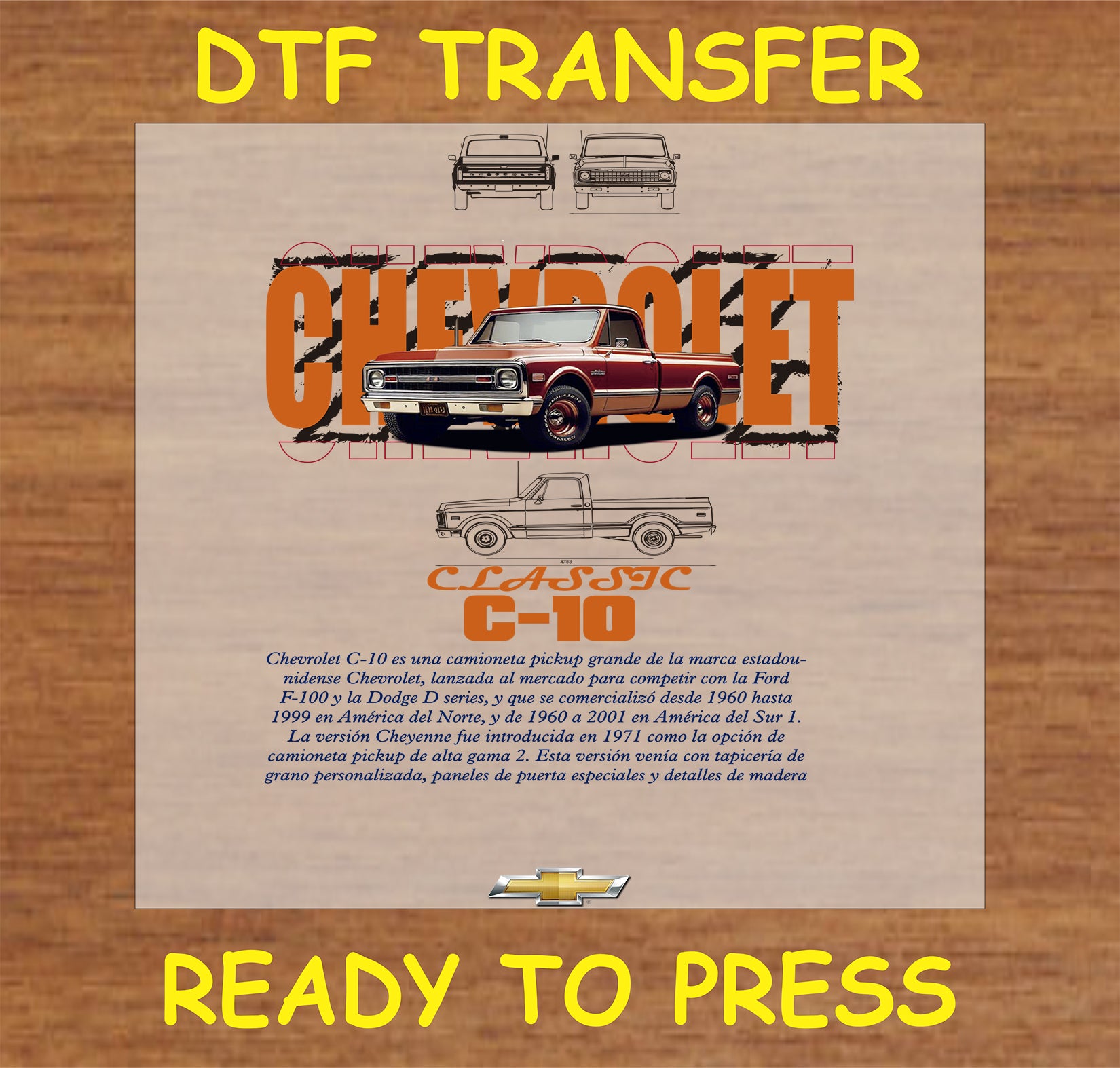 "DTF transfer featuring a vintage pickup truck design ready for application"