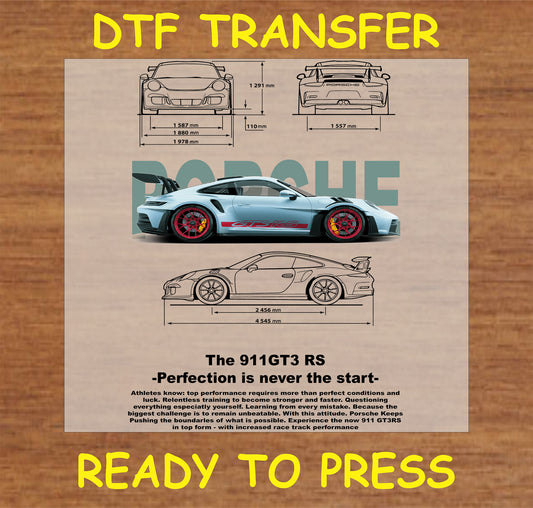 "Porsche GT3 RS DTF Transfer with detailed illustrations and measurements for performance enthusiasts"