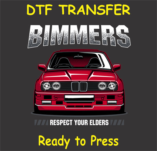 "Bimmers DTF Transfer featuring a vintage Car with the text 'Respect Your Elders'"