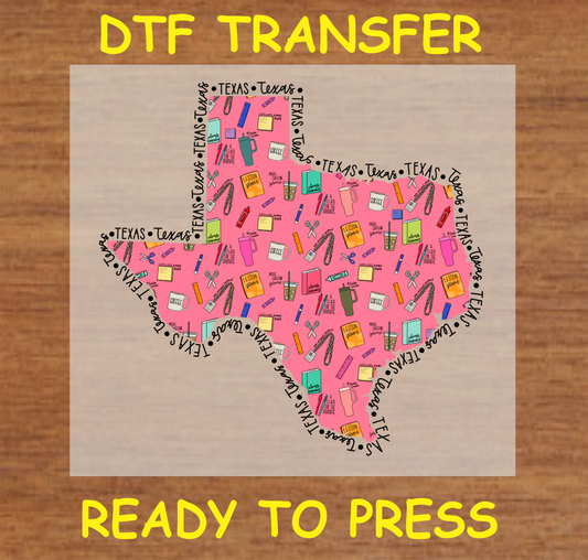 Texas-themed DTF Transfer design with a collage of school supplies, coffee, and essentials inside the shape of Texas, surrounded by 'Texas' in script. Ready to press