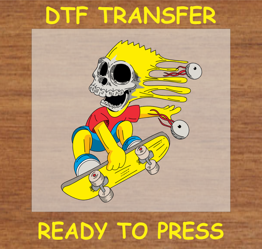 Skull Skater DTF transfer featuring a skeleton character on a skateboard, ready to press

