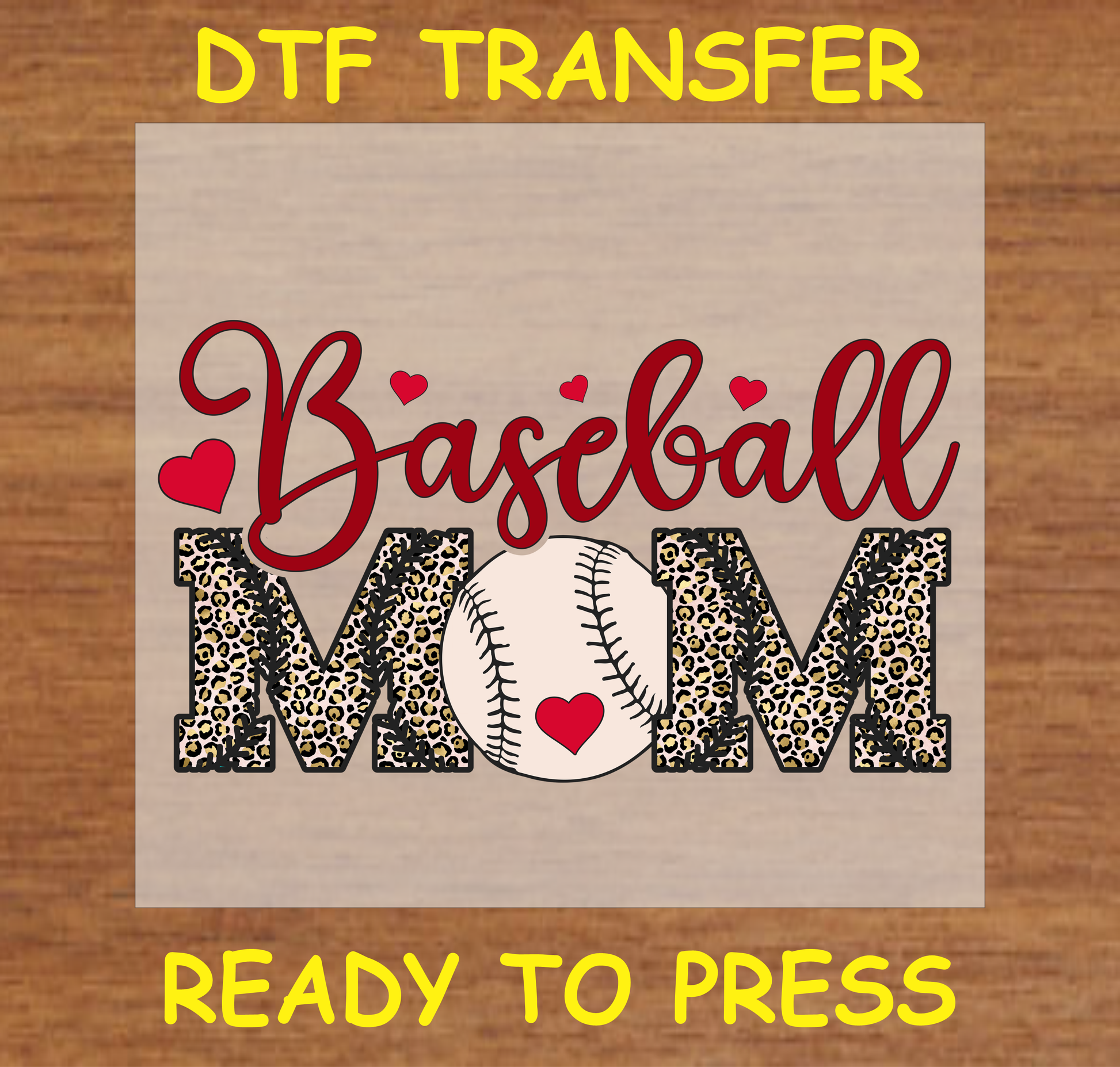 DTF Transfer Baseball Mom Design with Leopard Print and Baseball Graphic, Ready to Press