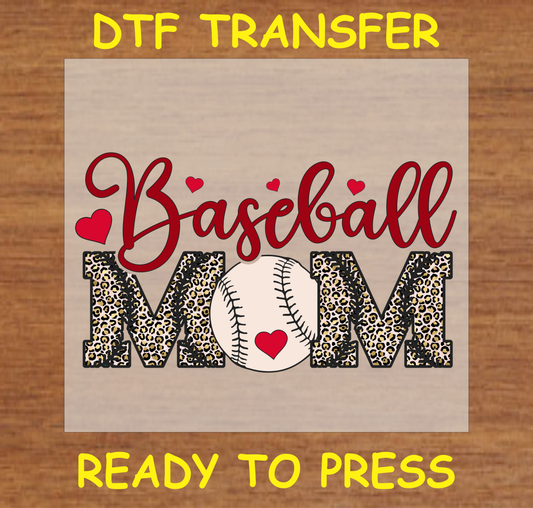 DTF Transfer Baseball Mom Design with Leopard Print and Baseball Graphic, Ready to Press