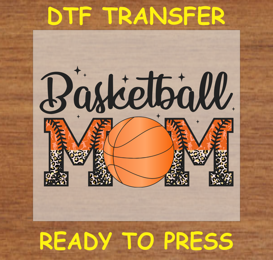 DTF Transfer Basketball Mom Design with Leopard Print and Basketball Graphic, Ready to Press