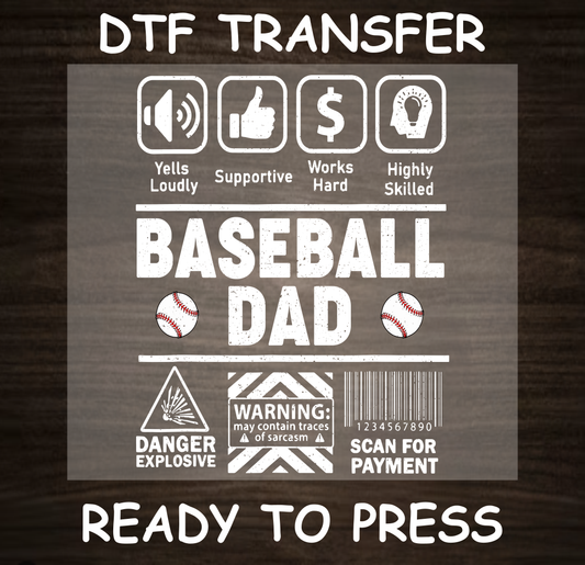 DTF Transfer Baseball Dad Design with Icons, Ready to Press