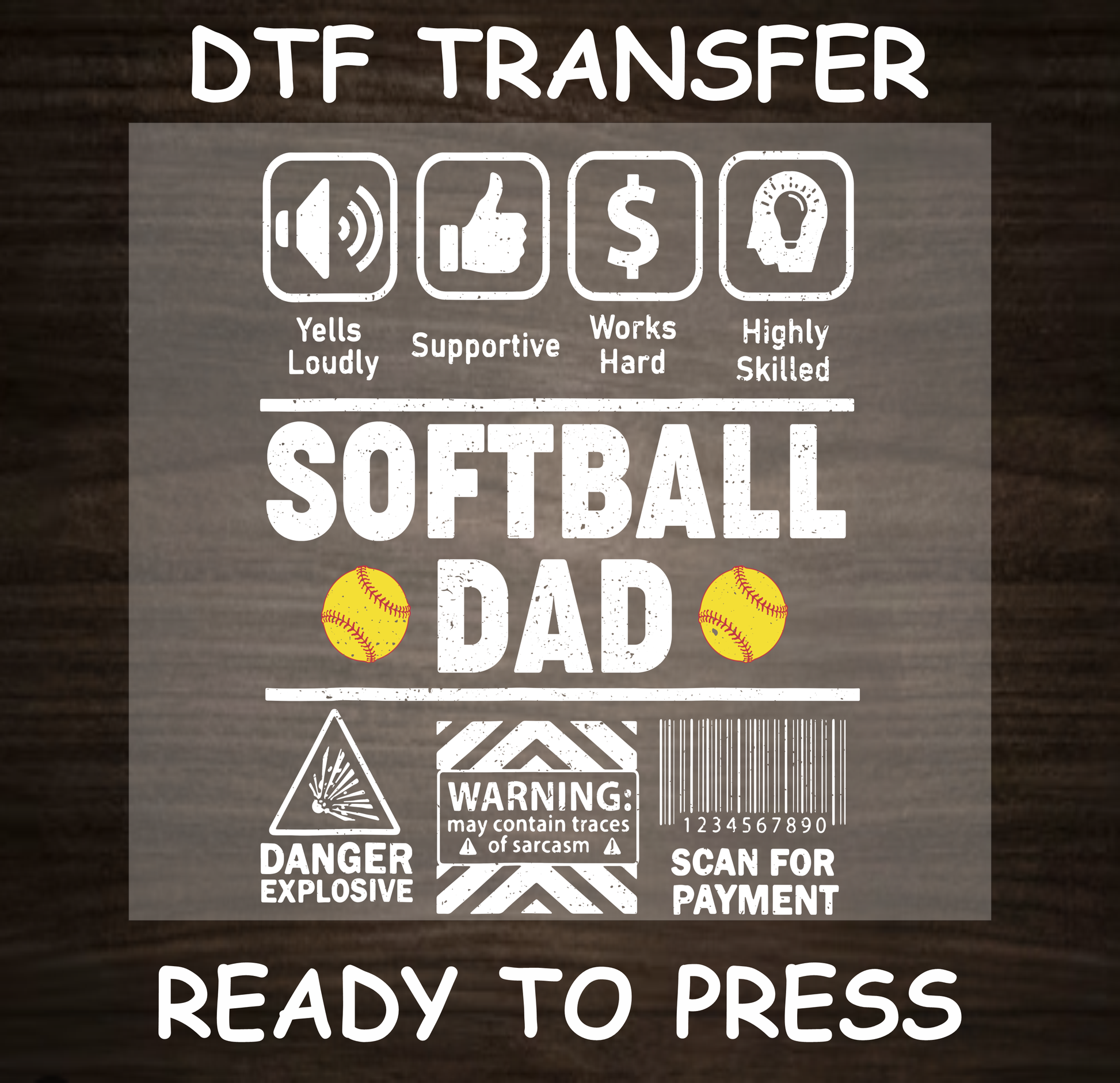 DTF Transfer Softball Dad Design with Icons, Ready to Press