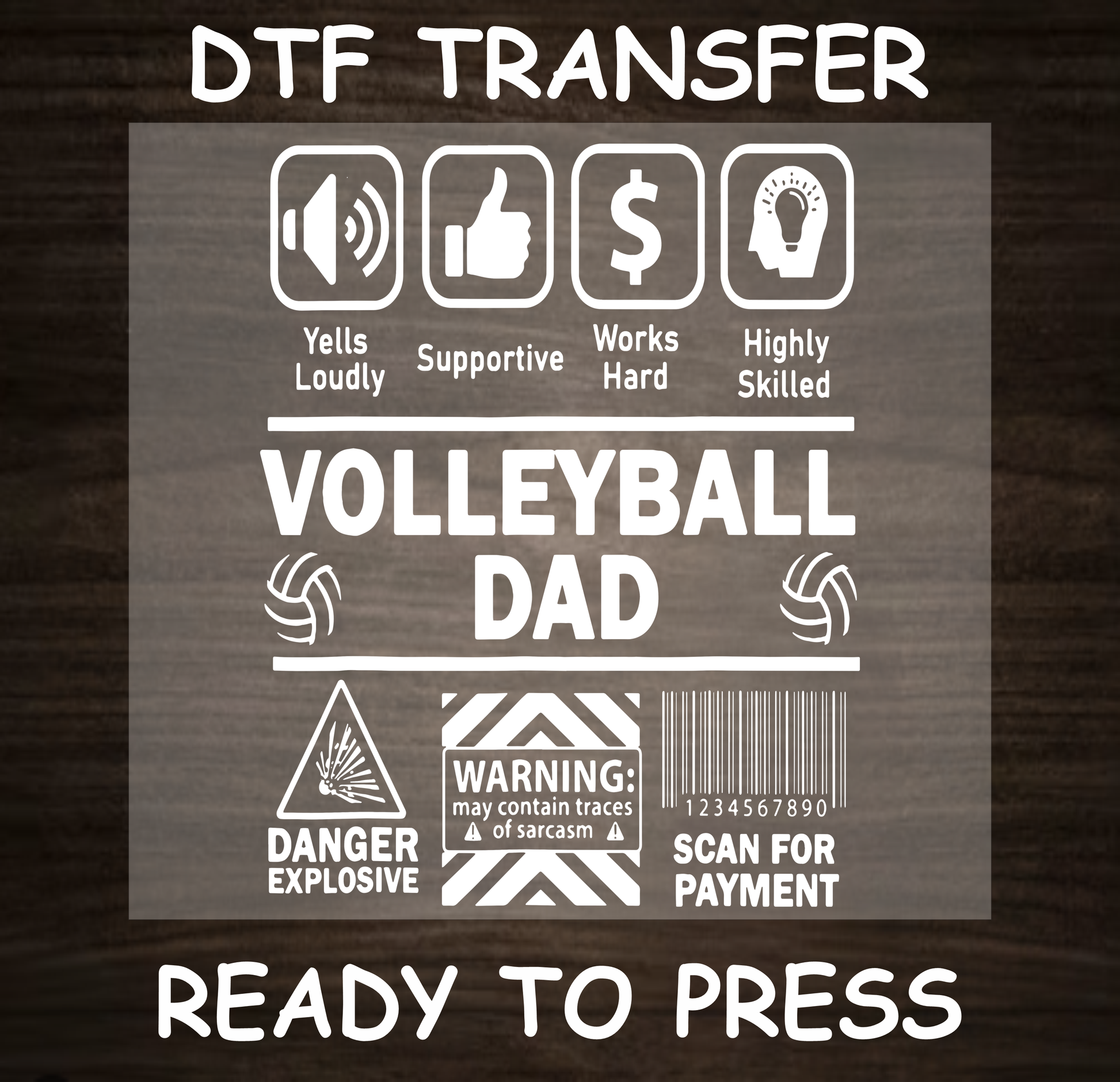 DTF Transfer Volleyball Dad Design with Icons, Ready to Press