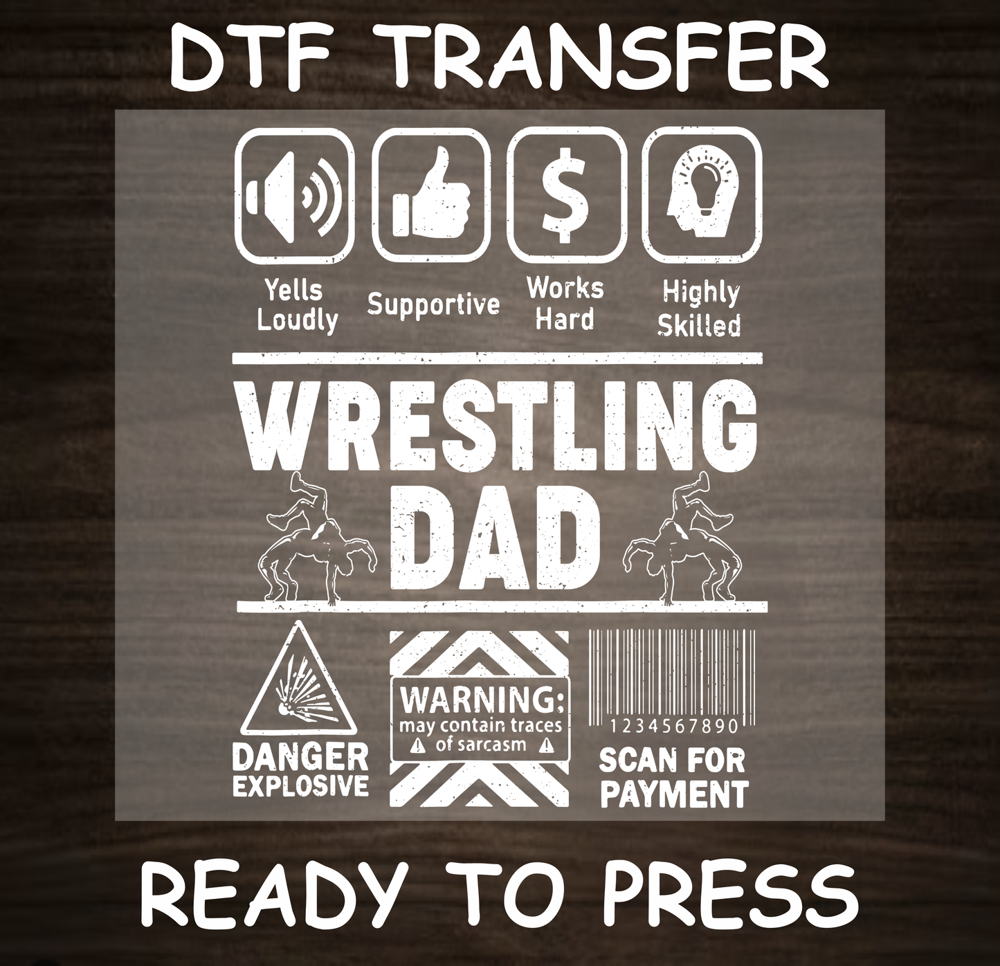 DTF Transfer Wrestling Dad Design with Icons, Ready to Press