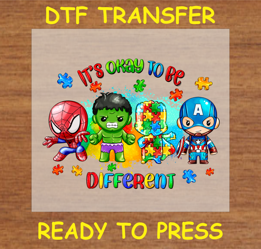 DTF Transfer It's Okay to Be Different Design with Puzzle Autism Awareness, Ready to Press