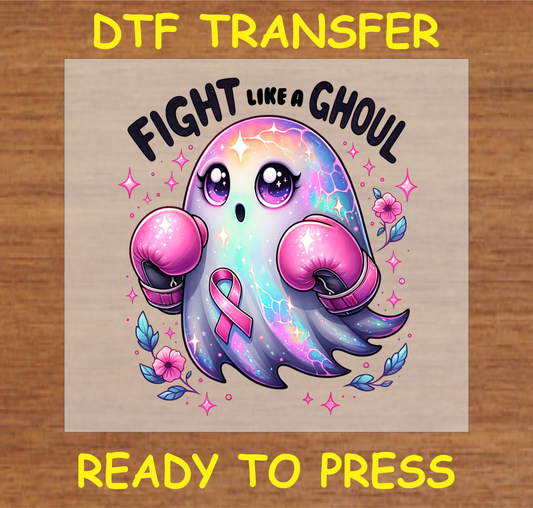 DTF Transfer Fight Like a Ghoul Design with Cute Ghost in Boxing Gloves, Ready to Press