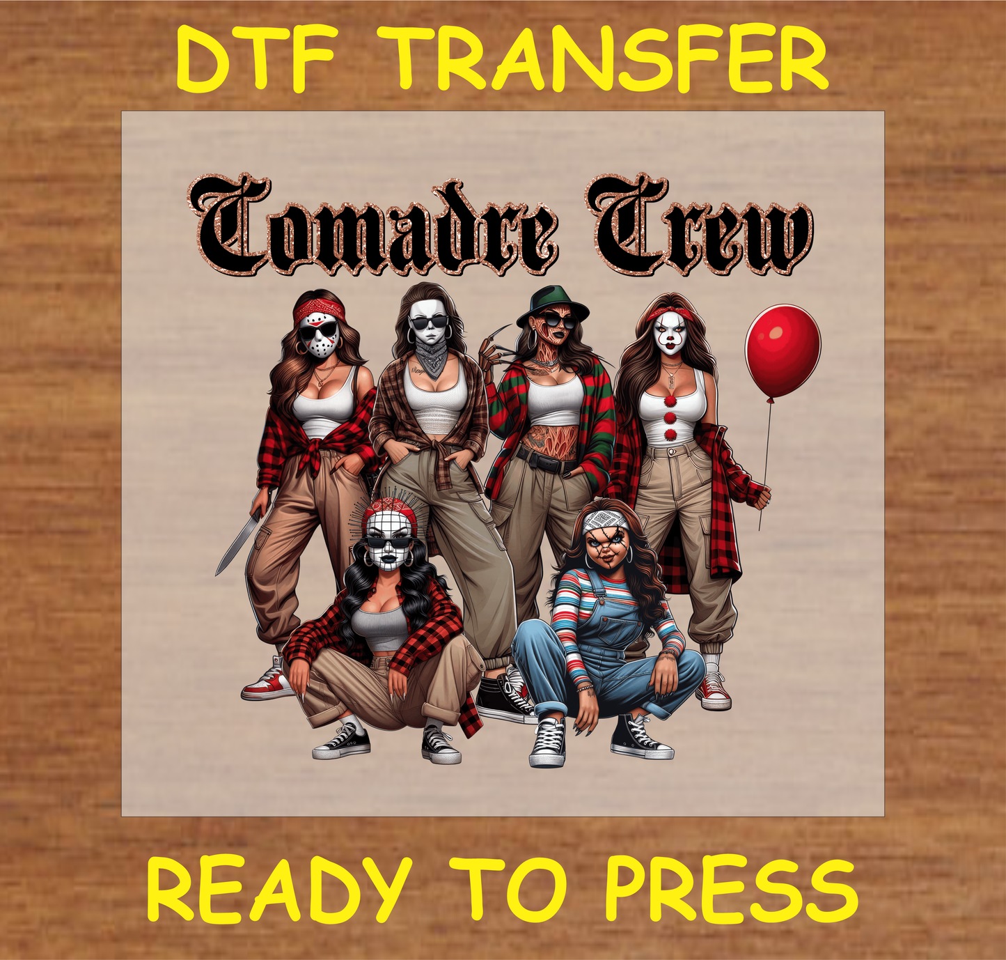 DTF Transfer Comadre Crew Design with Fierce Characters in Plaid, Ready to Press