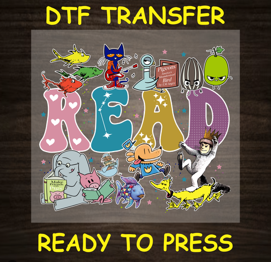 "READ DTF Transfer Design Ready to Press with Fun Book Characters"