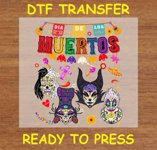 DTF transfer design featuring Día de los Muertos-inspired sugar skulls with iconic villain elements and colorful festive decorations.