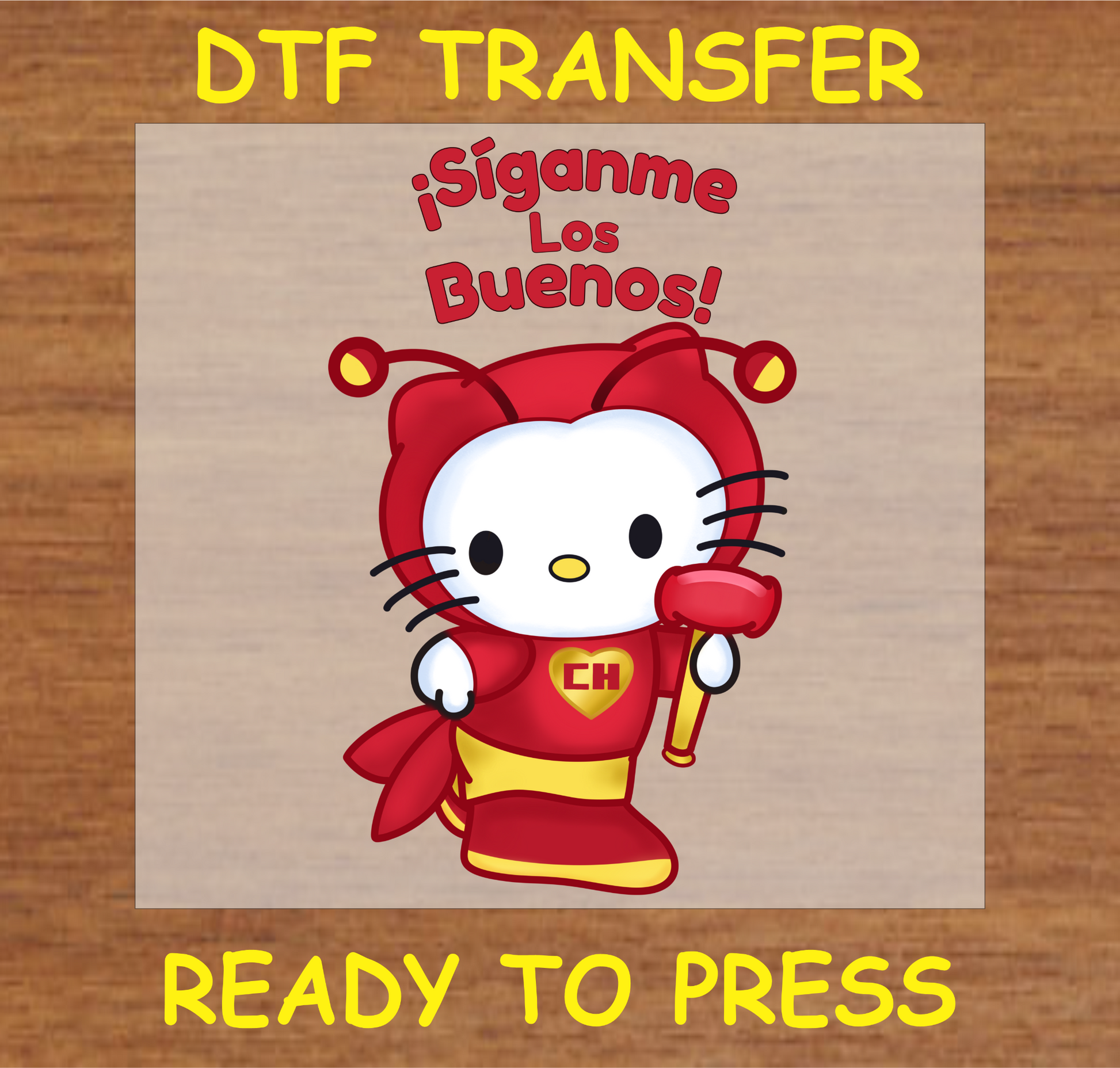 DTF transfer design featuring an adorable character dressed as a classic superhero with the text '¡Siganme Los Buenos!'.