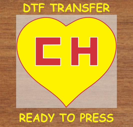 DTF transfer design featuring a yellow and red heart with the letters "CH" in a bold, vintage-inspired style.