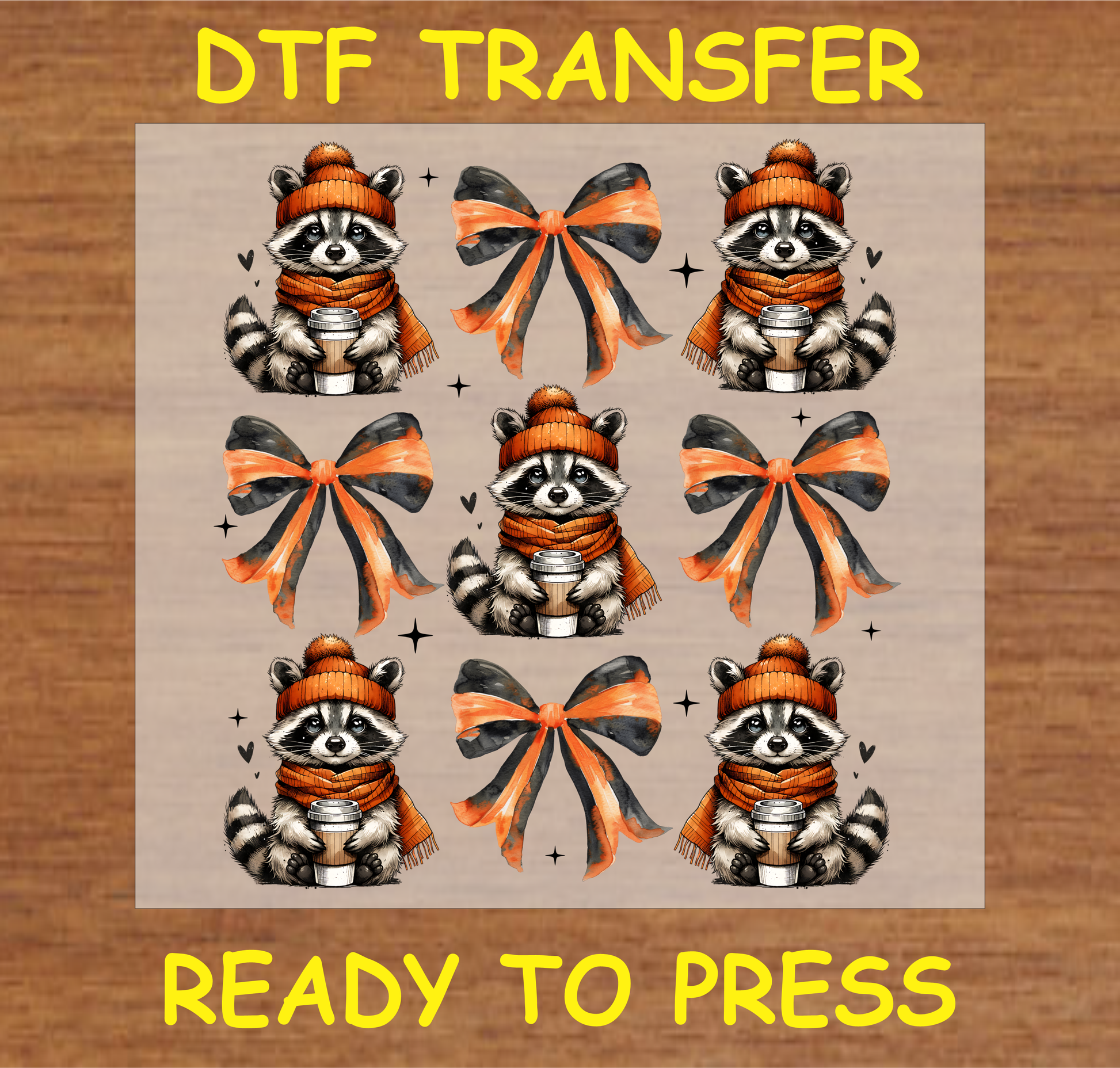 DTF transfer design featuring a cozy animal in a beanie and scarf, alongside orange and black bows, perfect for a cute woodland-themed look.