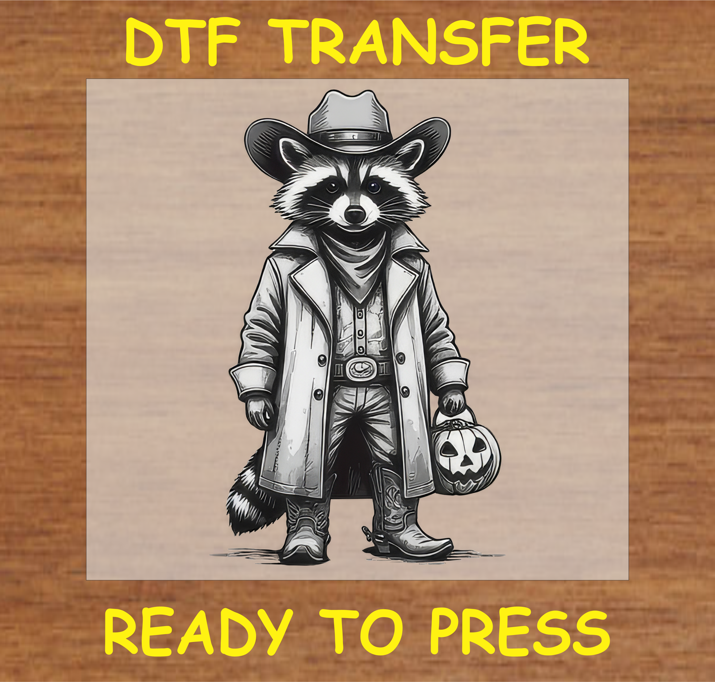 DTF transfer design featuring an animal dressed in a cowboy outfit, holding a jack-o'-lantern.