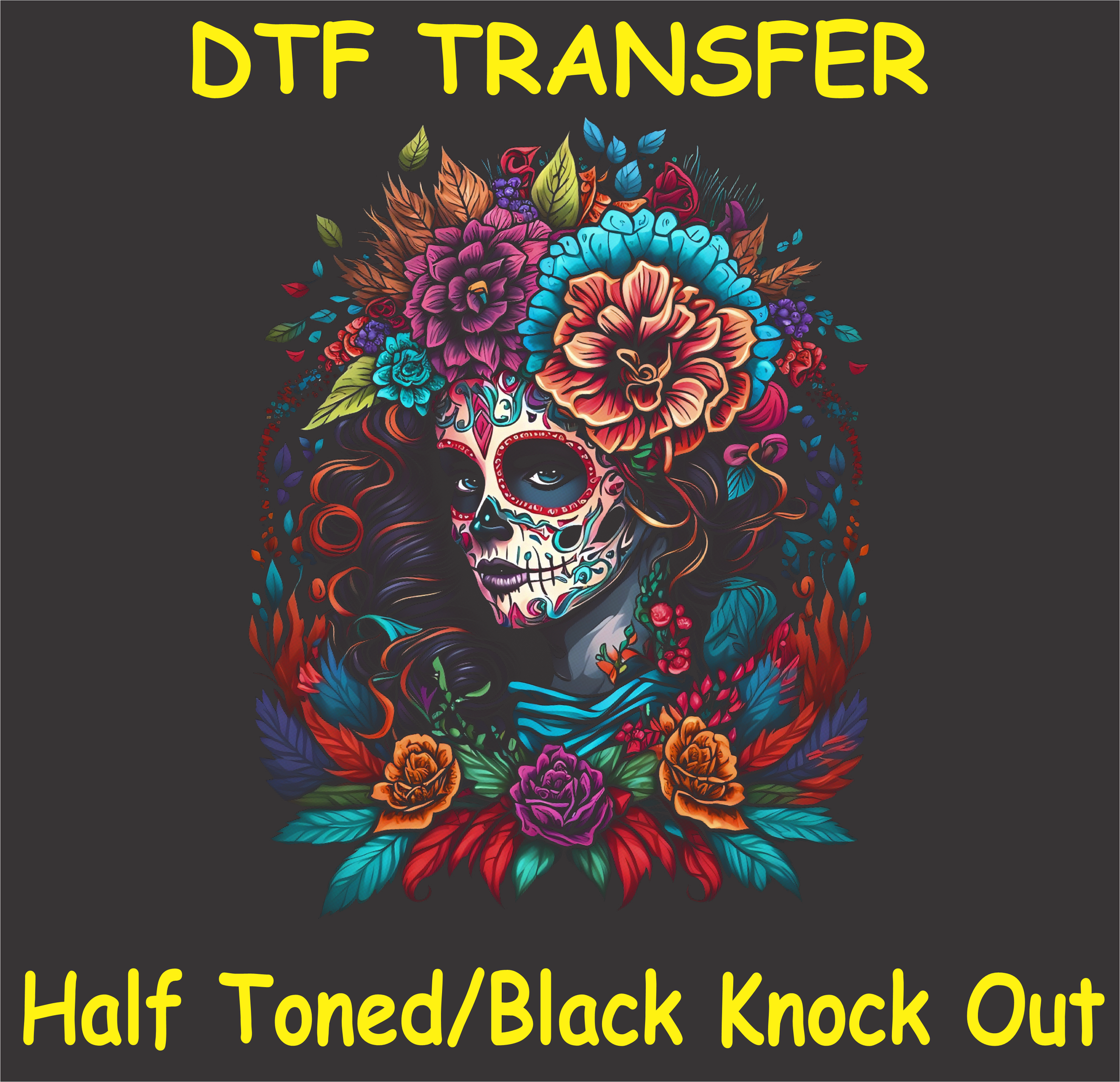 Colorful sugar skull design with floral accents, Día de los Muertos inspired, in a vibrant half-tone DTF transfer.