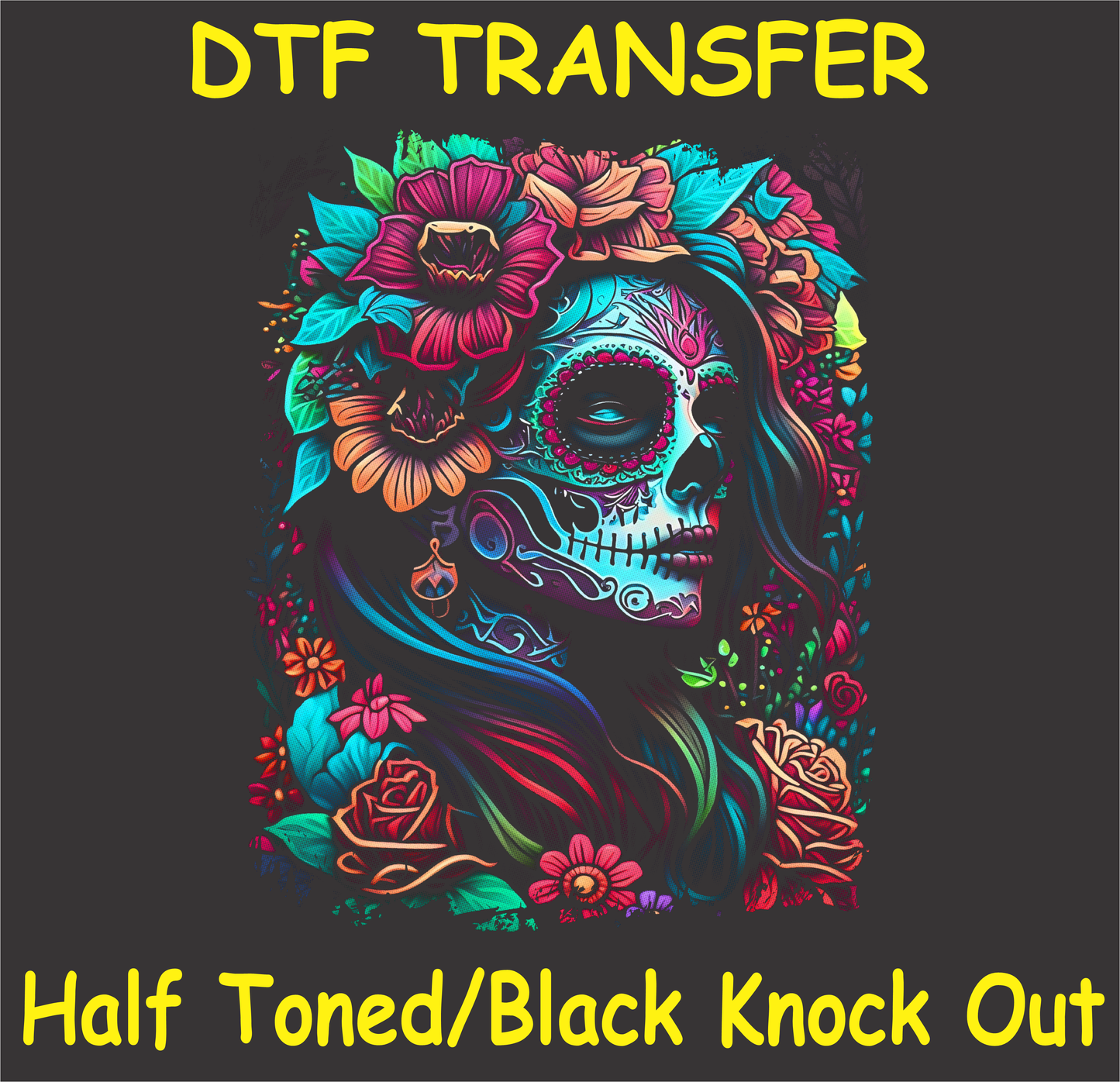 Vibrant Día de los Muertos sugar skull with floral accents, perfect for custom apparel in a DTF transfer design.