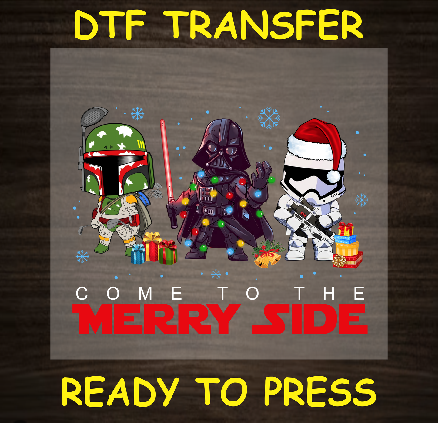 DTF Transfer featuring three festive characters with Christmas lights, gifts, and the text "Come to the Merry Side."