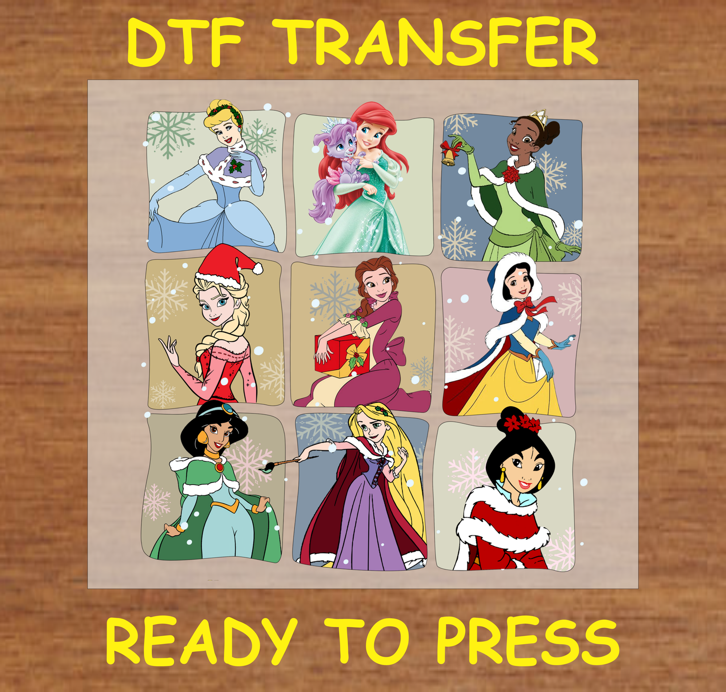 DTF Transfer featuring various princesses in festive outfits, perfect for holiday apparel.