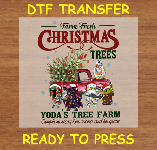 DTF Transfer featuring Tree Farm, vintage truck, Christmas tree, and festive characters, perfect for holiday apparel.