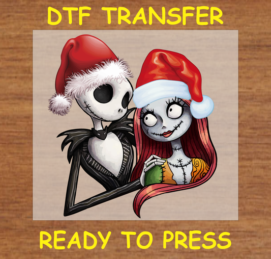 DTF transfer featuring a Halloween couple wearing Santa hats, perfect for a spooky yet festive holiday design.