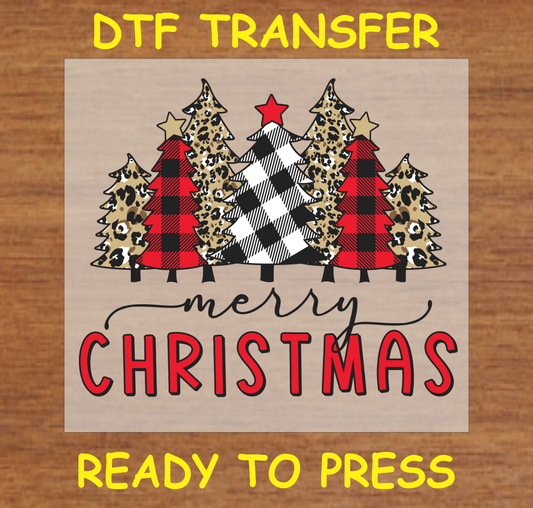 DTF Transfer featuring buffalo plaid and leopard print Christmas trees with "Merry Christmas" text, perfect for holiday apparel.