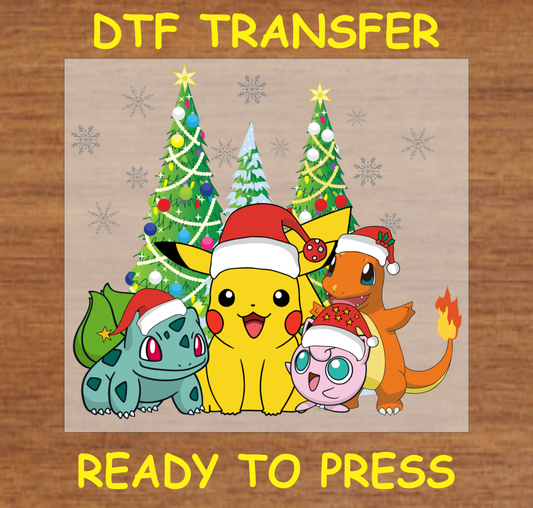 DTF Transfer featuring festive characters wearing Santa hats in front of Christmas trees, perfect for holiday apparel.