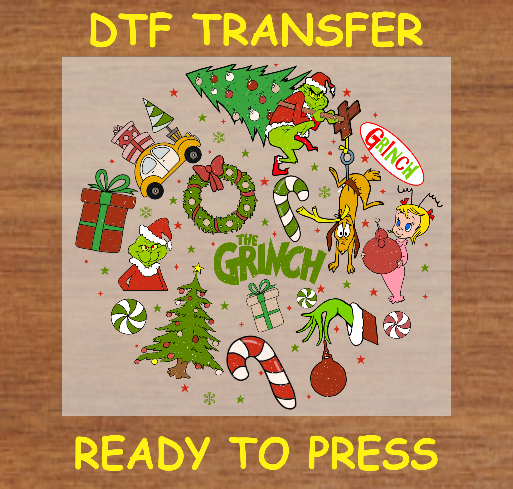 DTF Transfer featuring Iconic Christmas characters and festive holiday icons such as presents, candy canes, and Christmas trees, perfect for holiday apparel.