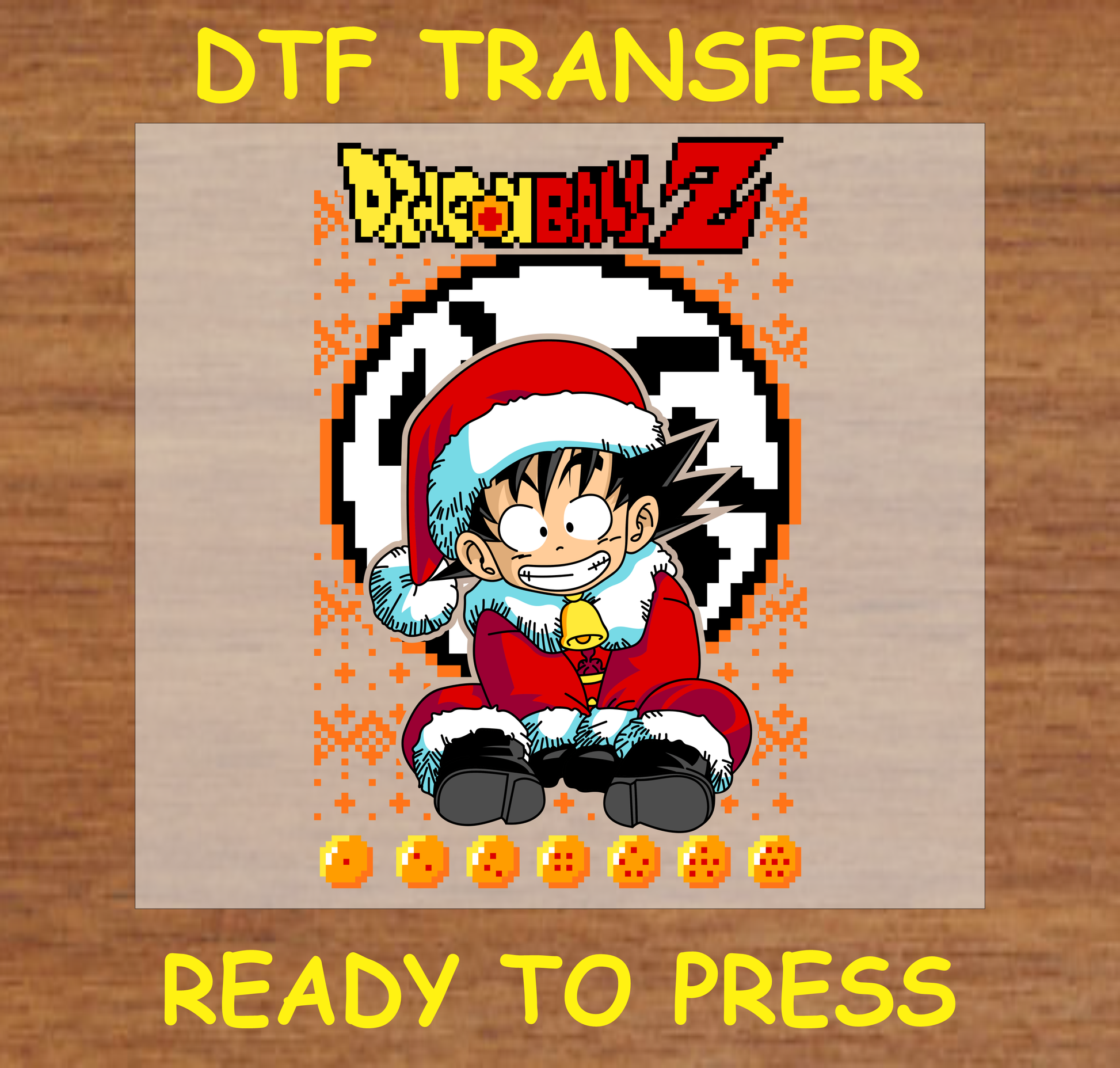 DTF Transfer featuring adorable character in a Santa suit with dragon balls, perfect for custom holiday apparel