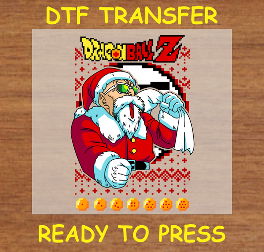 DTF Transfer featuring Iconic Master dressed as Santa Claus with dragon balls, perfect for custom holiday apparel.