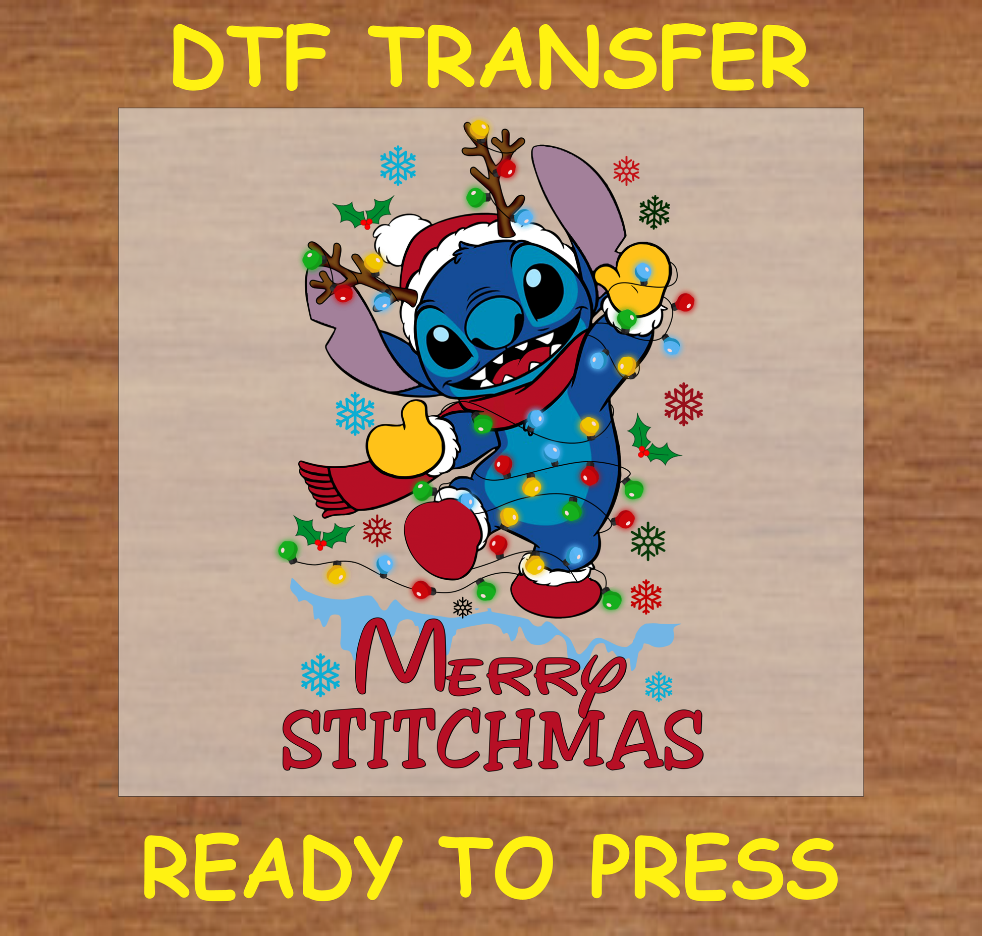 DTF Transfer featuring a playful character wrapped in Christmas lights with the text "Merry Blue Alien Christmas" perfect for holiday custom apparel.