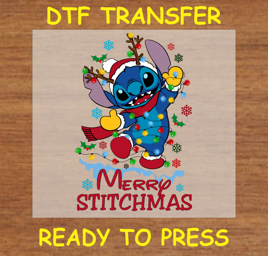 DTF Transfer featuring a playful character wrapped in Christmas lights with the text "Merry Blue Alien Christmas" perfect for holiday custom apparel.