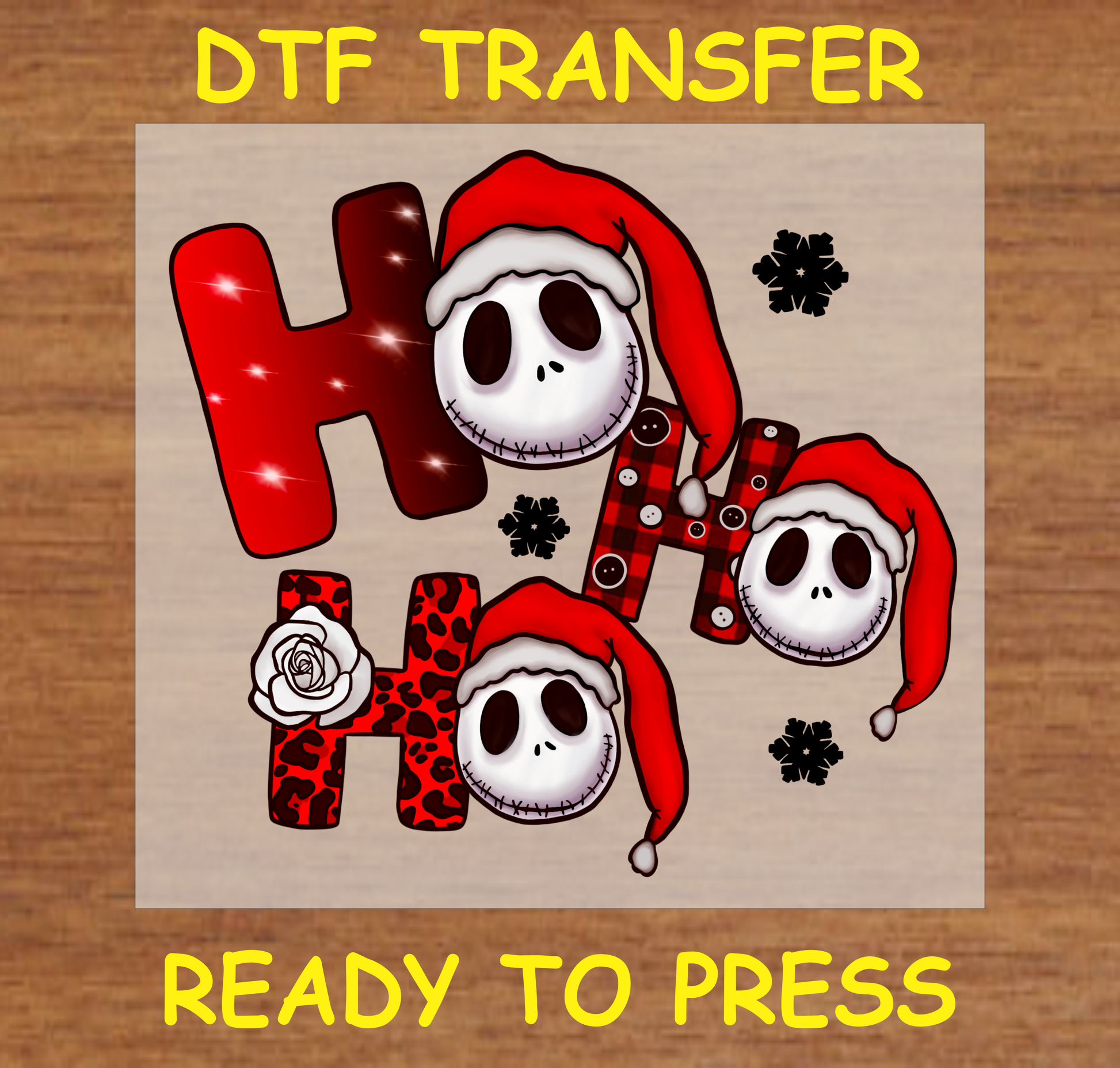 DTF Transfer featuring "Ho Ho Ho" with skulls in Santa hats and festive patterns, perfect for custom Christmas apparel.