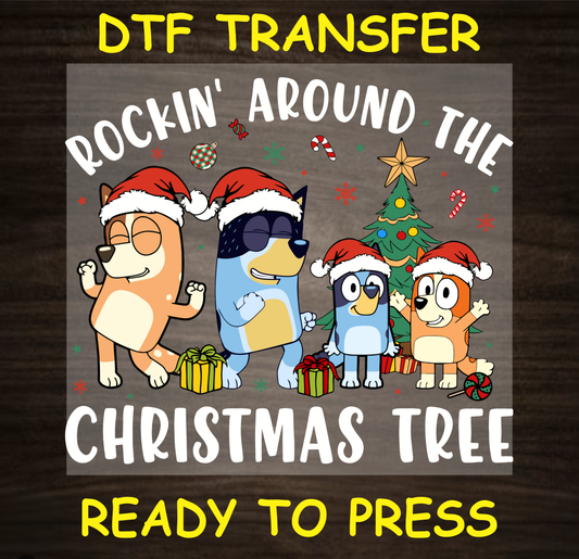 DTF Transfer featuring a family of characters dancing in Santa hats with the text "Rockin' Around the Christmas Tree," perfect for custom holiday apparel.