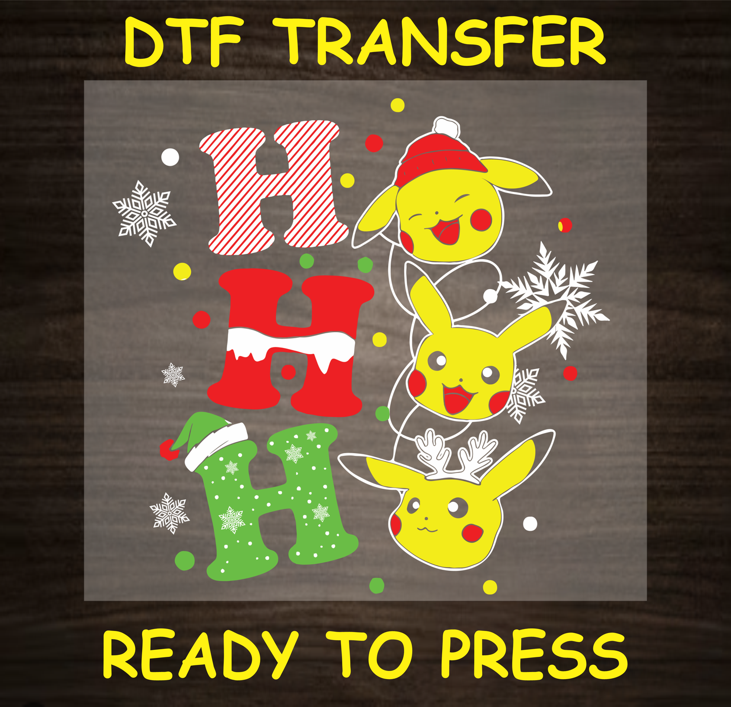 DTF Transfer featuring adorable characters in a festive "Ho Ho Ho" design with holiday elements, perfect for custom Christmas apparel.