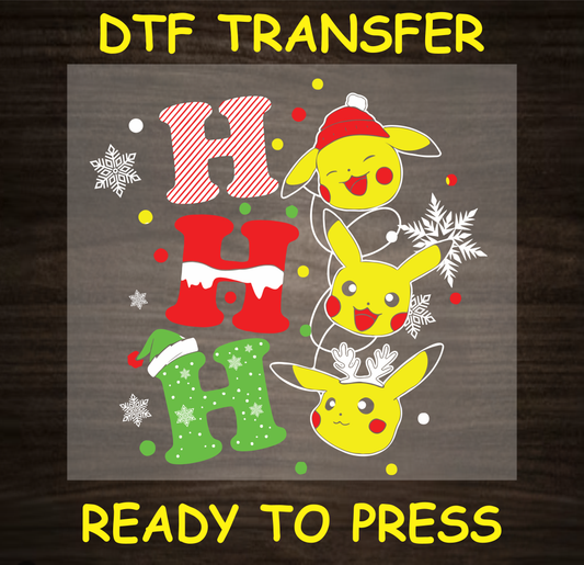 DTF Transfer featuring adorable characters in a festive "Ho Ho Ho" design with holiday elements, perfect for custom Christmas apparel.