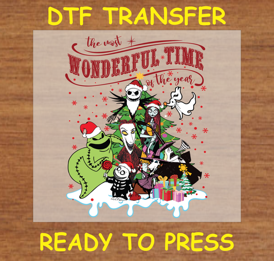 DTF Transfer featuring characters from a spooky Christmas theme with the text "The Most Wonderful Time," perfect for custom holiday apparel.