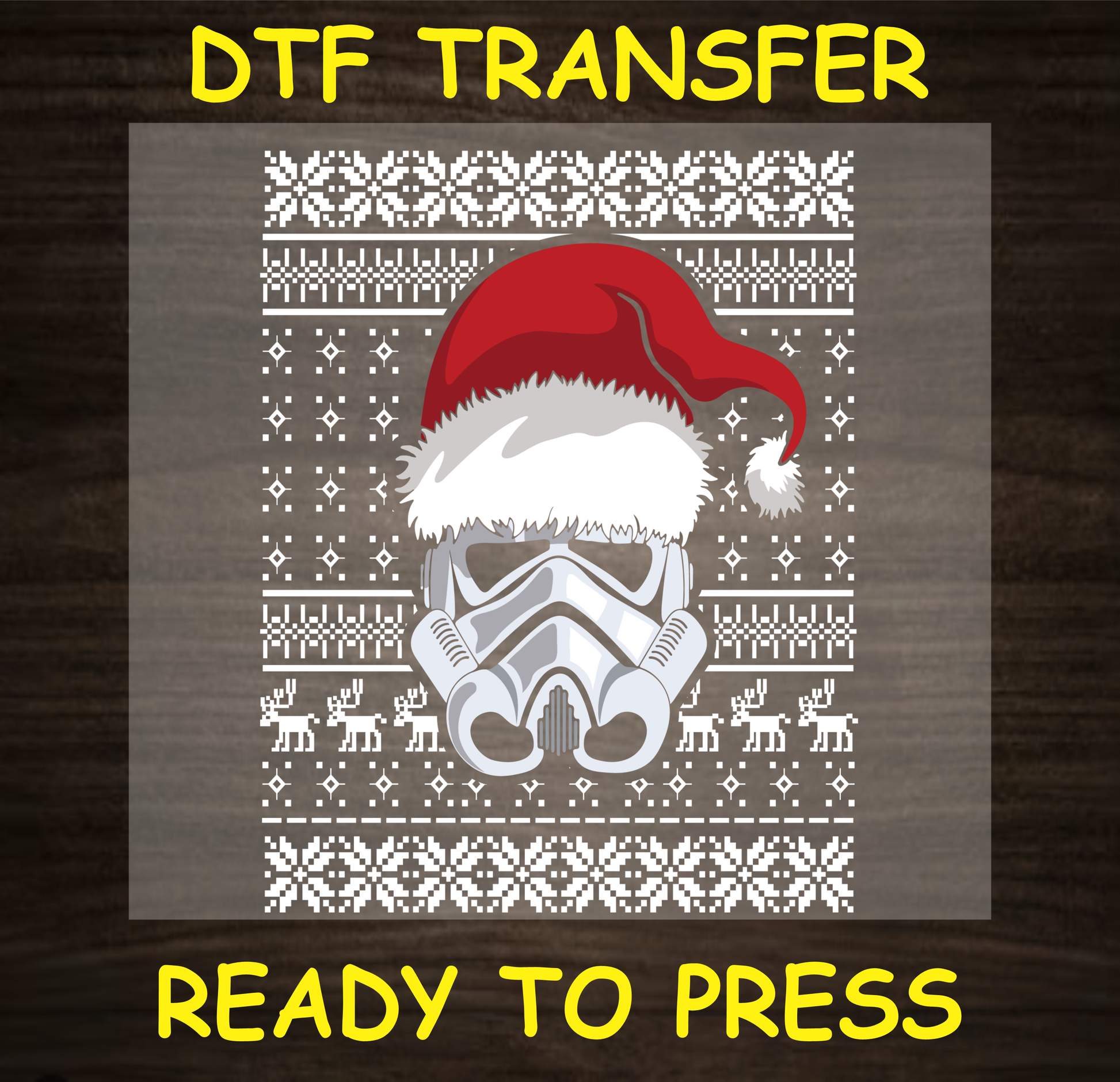 DTF transfer featuring a galactic helmet with a Santa hat in an ugly sweater-style design for custom holiday apparel.