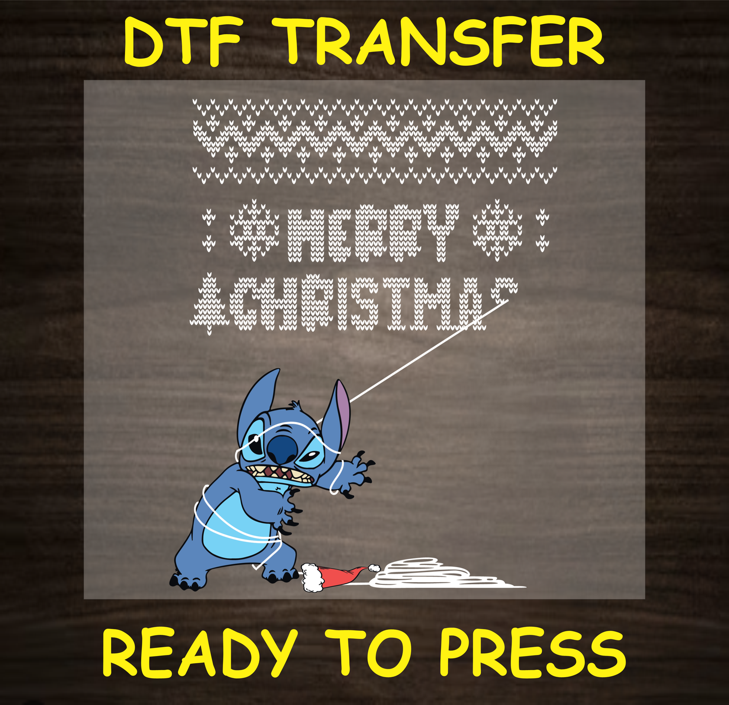 DTF transfer with adorable character tangled in holiday lights and "Merry Christmas" in ugly sweater style for custom holiday apparel.