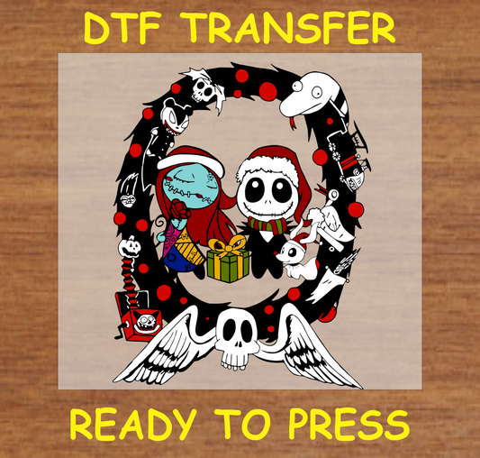 Nightmare DTF transfer featuring Spooky crew in a holiday wreath design.