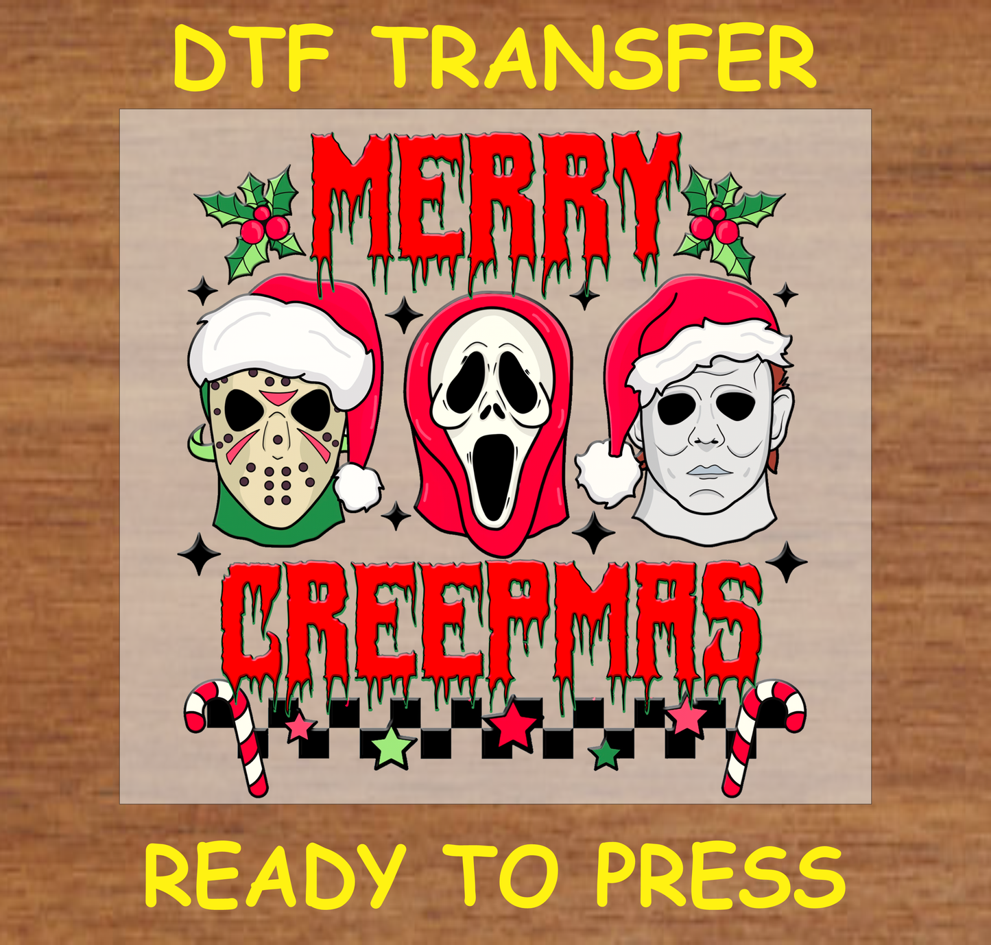 Merry Creepmas DTF transfer featuring horror characters with Santa hats.