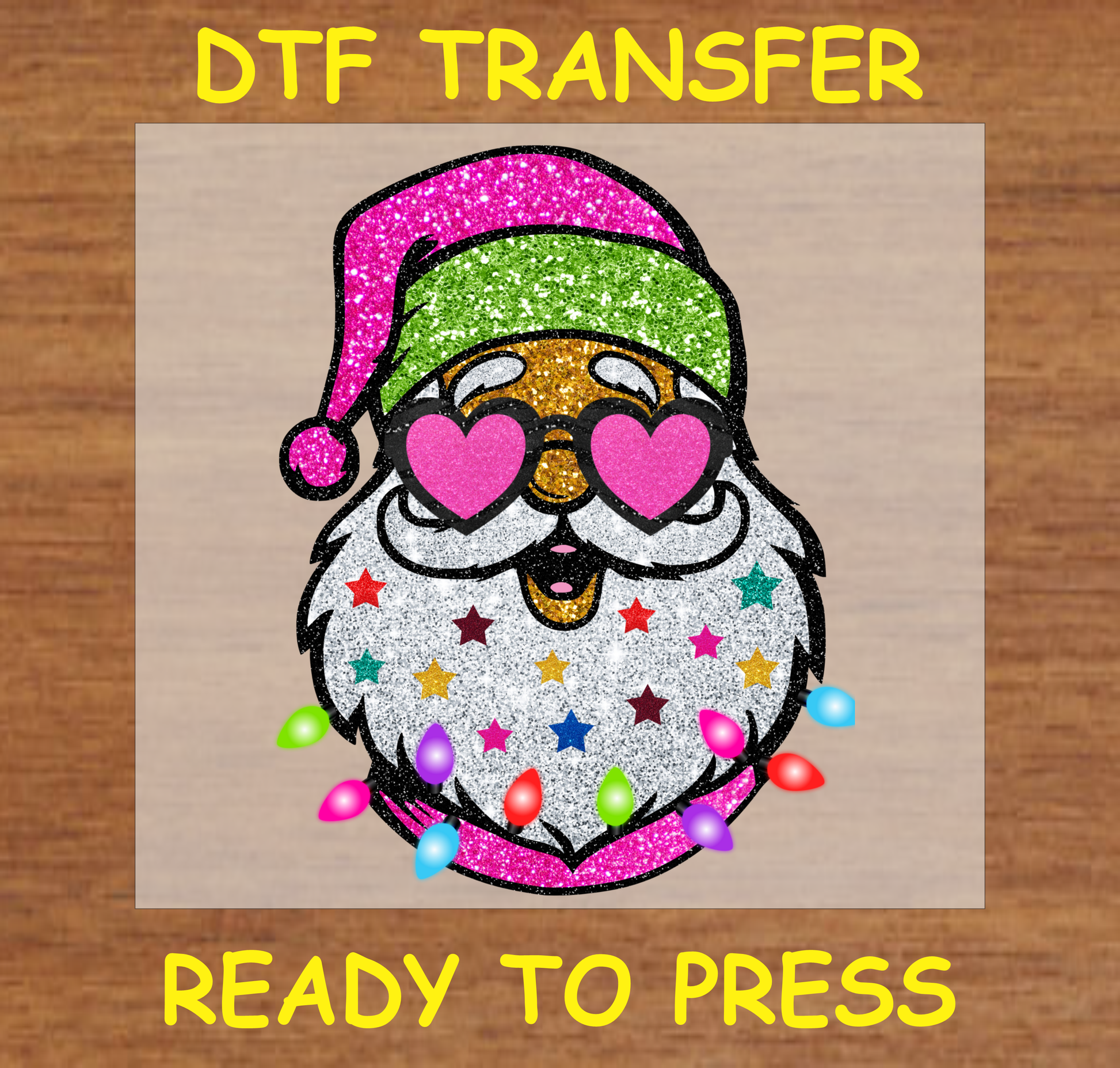 Festive Santa with heart-shaped glasses and colorful lights DTF transfer.