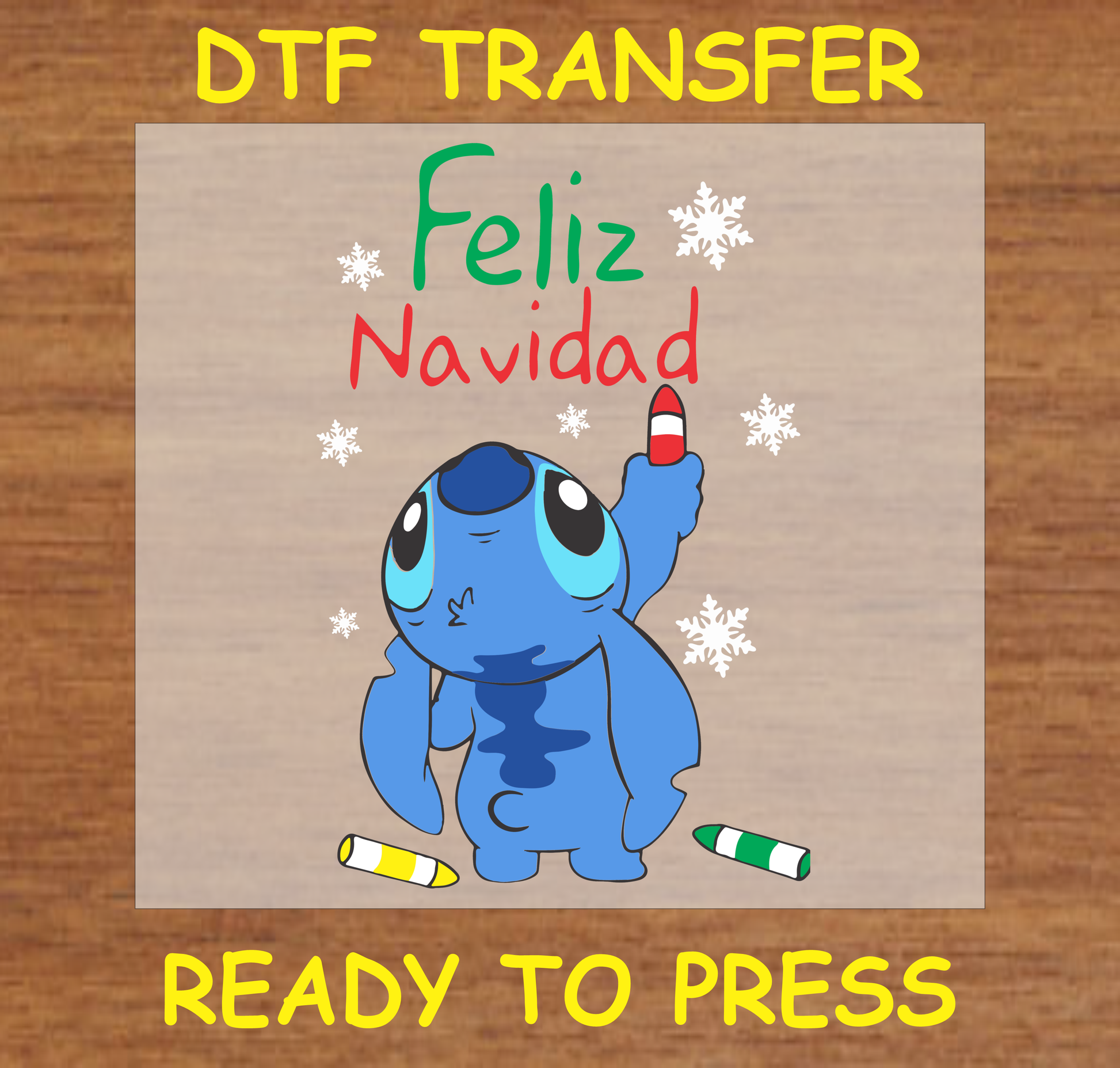 Feliz Navidad DTF transfer with a cute blue character and Christmas colors.