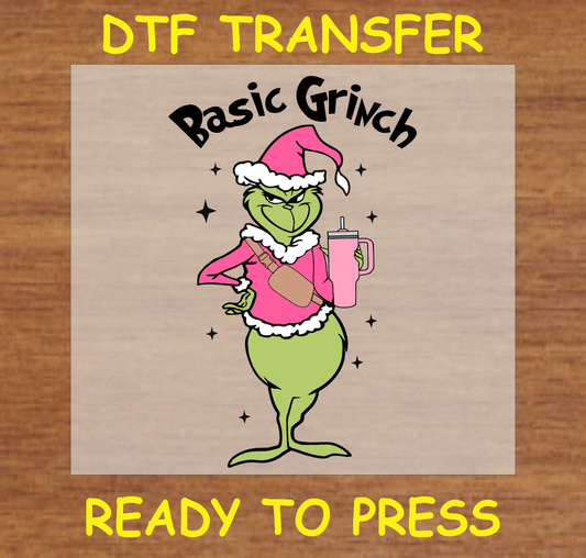 Basic Green character DTF transfer featuring the Iconic character in a Santa suit with a festive tumbler and purse.